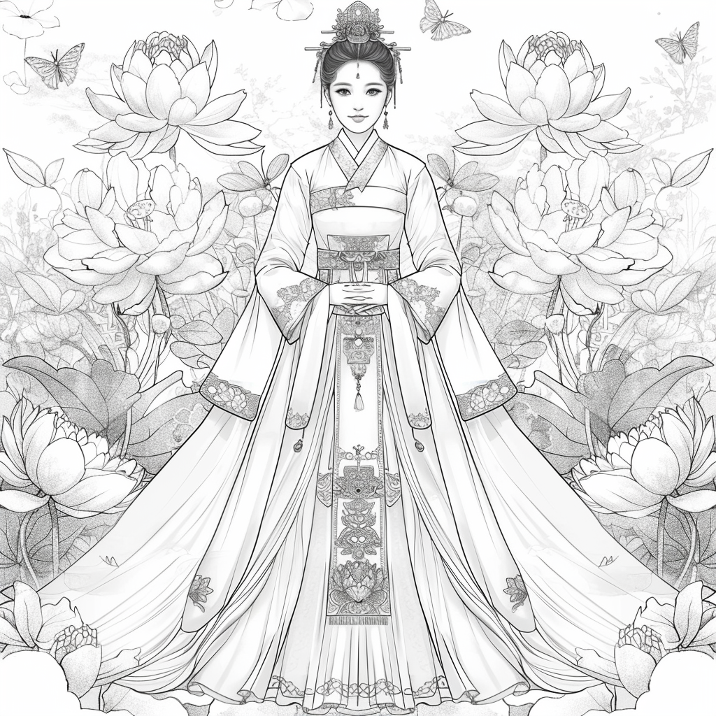 Majestic Bride in Hanbok Amidst Lotus Blossoms
