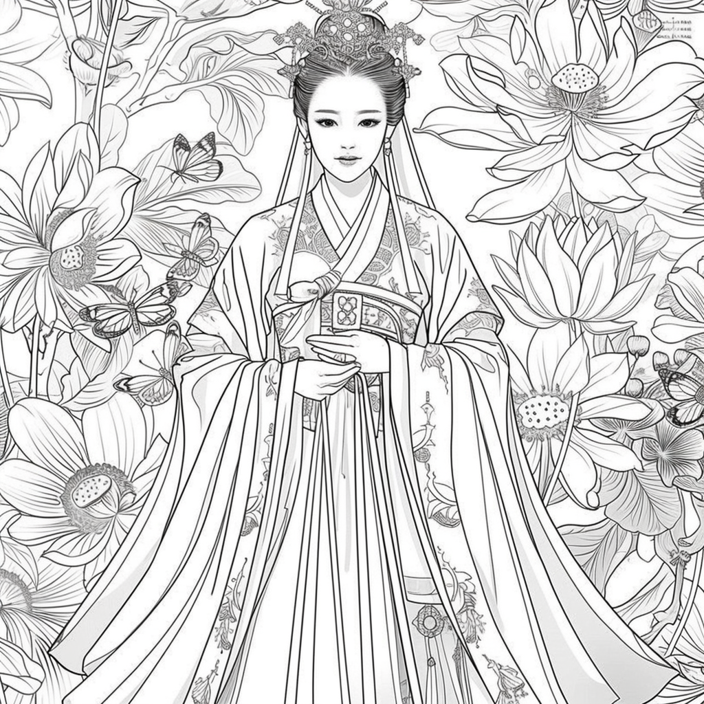 Majestic Bride in Hanbok Amidst Lotus Blossoms