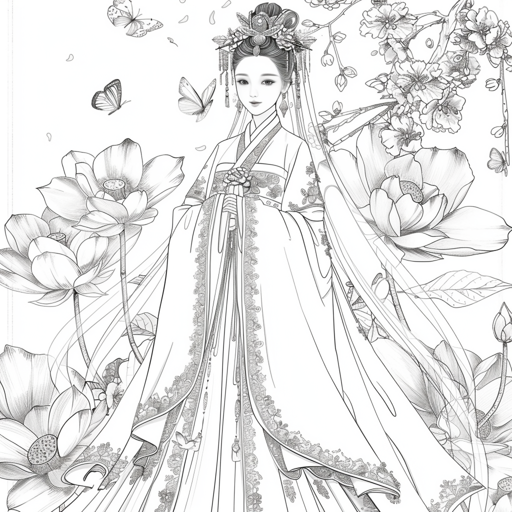 Majestic Bride in Hanbok Amidst Lotus Blossoms