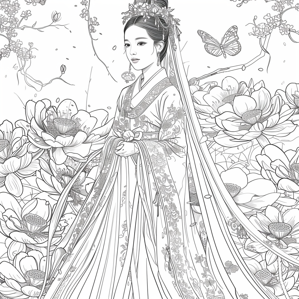 Majestic Bride in Hanbok Amidst Lotus Blossoms