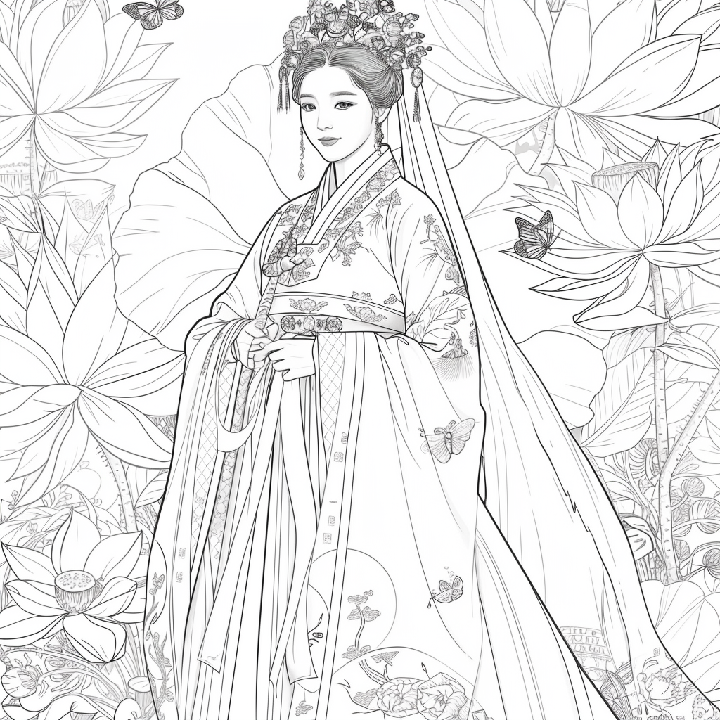 Majestic Bride in Hanbok Amidst Lotus Blossoms