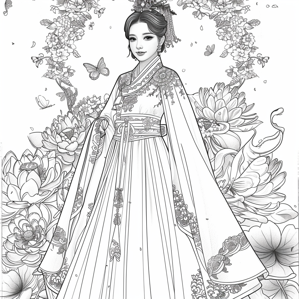 Majestic Bride in Hanbok Amidst Lotus Blossoms