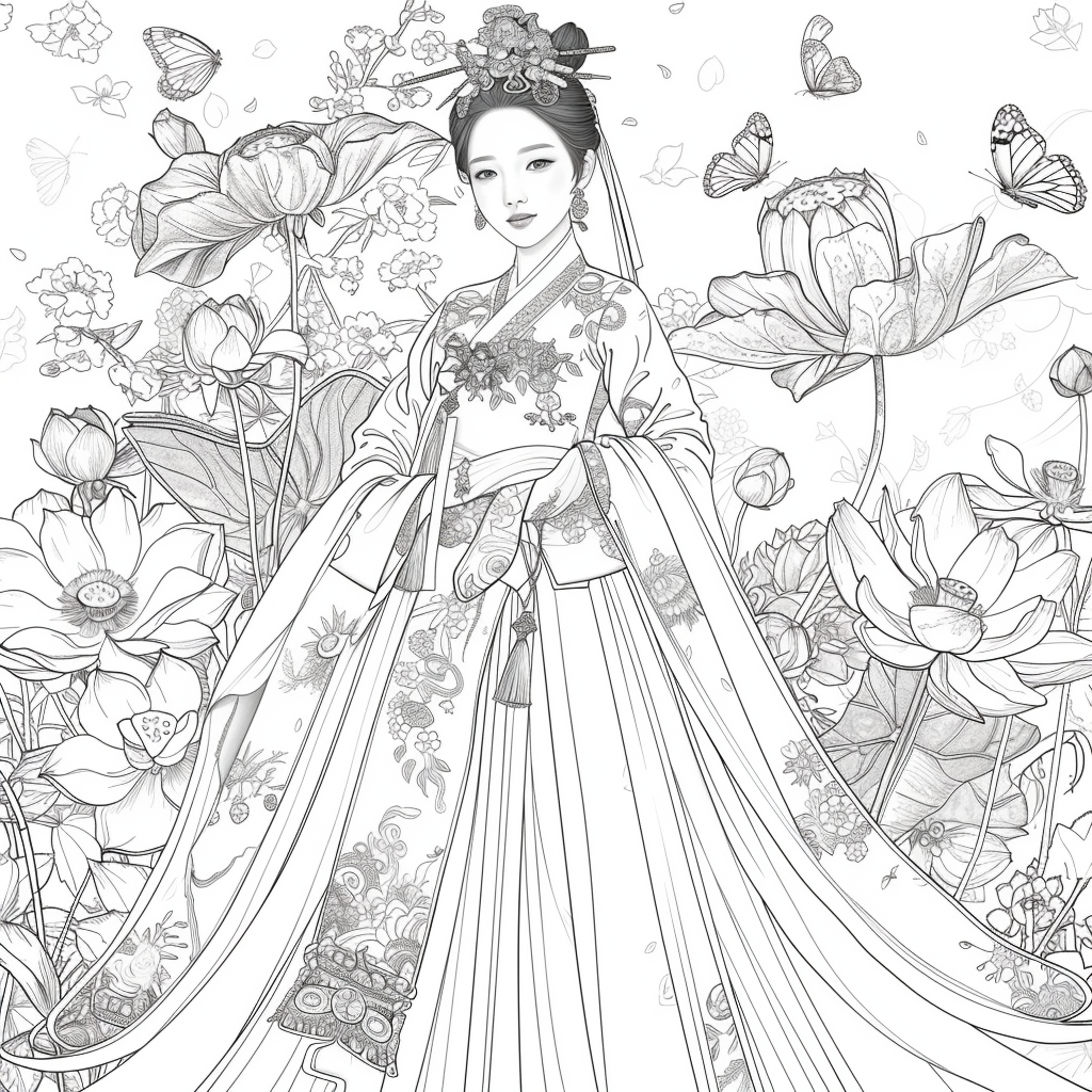 Majestic Bride in Hanbok Amidst Lotus Blossoms