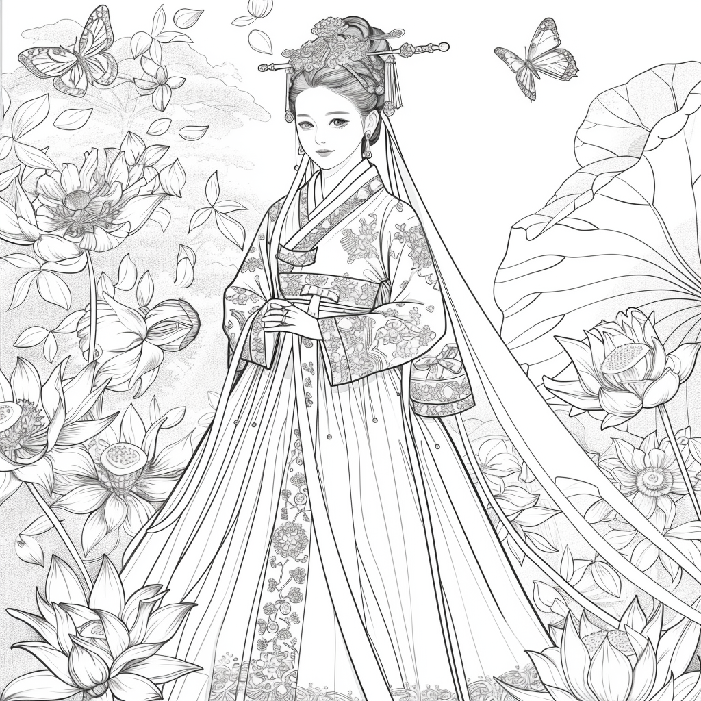 Majestic Bride in Hanbok Amidst Lotus Blossoms