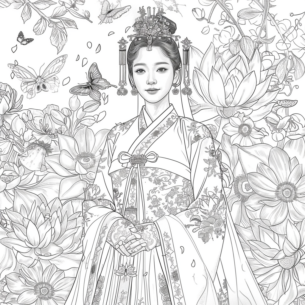 Majestic Bride in Hanbok Amidst Lotus Blossoms
