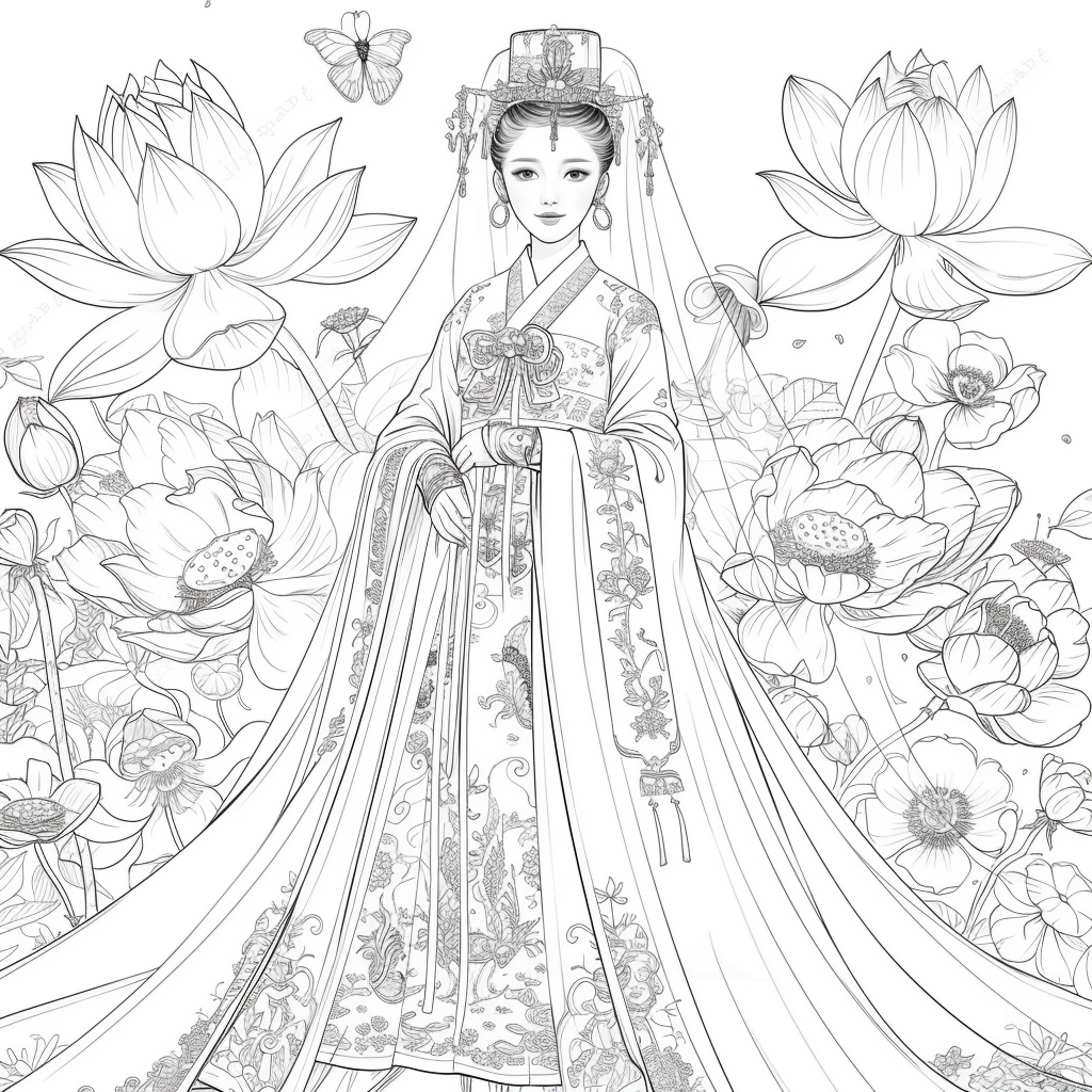 Majestic Bride in Hanbok Amidst Lotus Blossoms