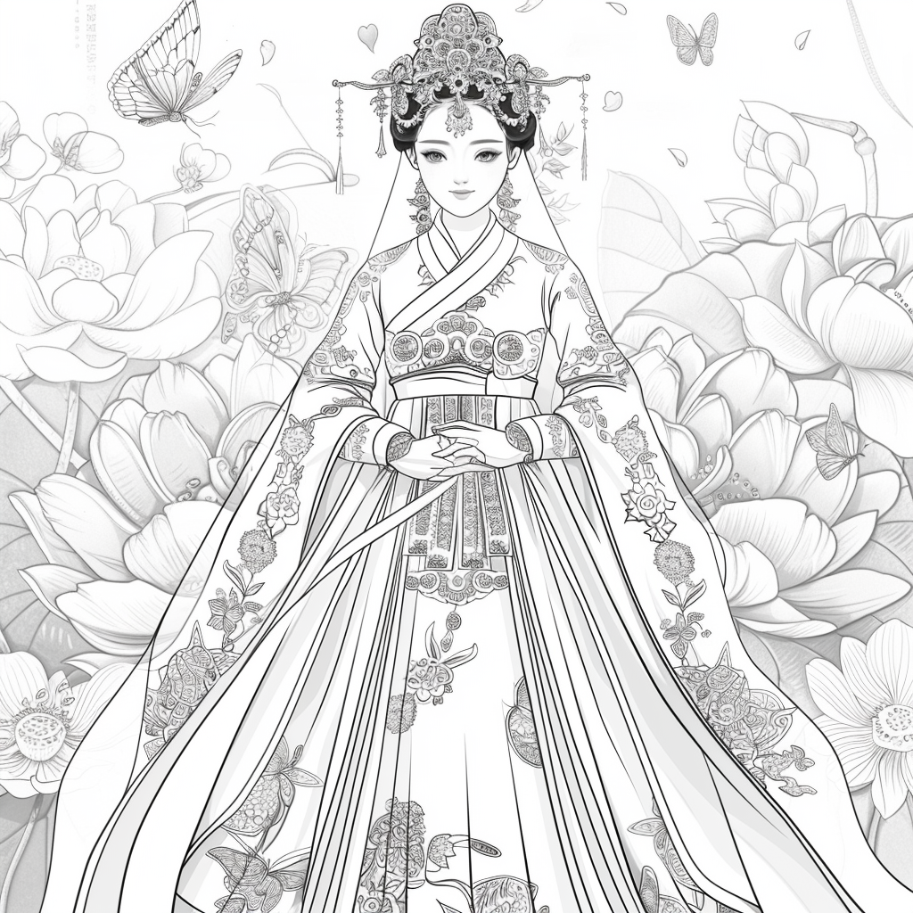Majestic Bride in Hanbok Amidst Lotus Blossoms
