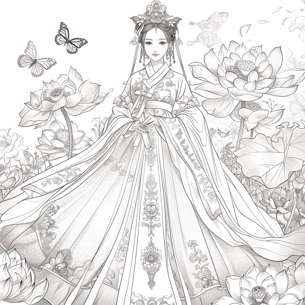 Majestic Bride in Hanbok Amidst Lotus Blossoms