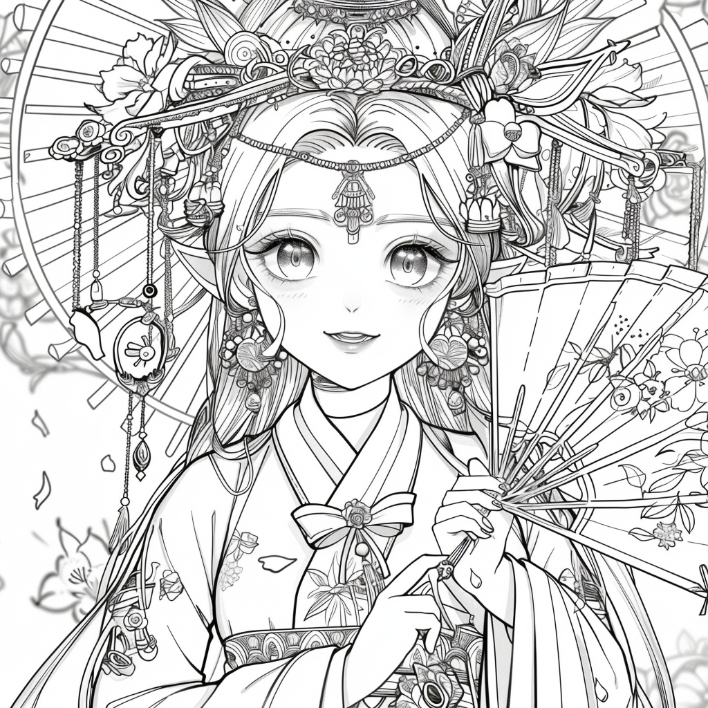 Radiant Anime Princess in Rainbow Hanbok with Festival Umbrella