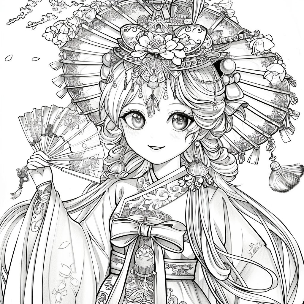 Radiant Anime Princess in Rainbow Hanbok with Festival Umbrella