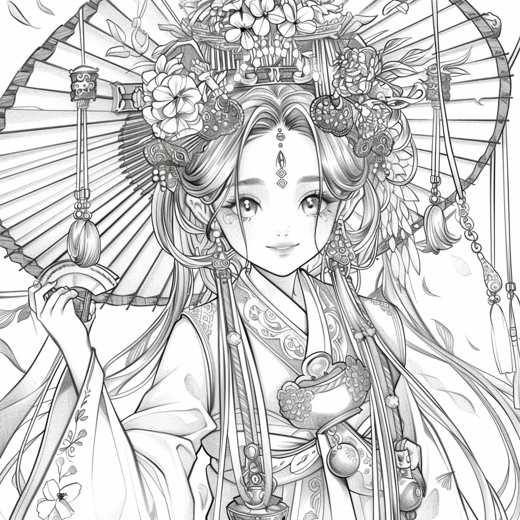 Radiant Anime Princess in Rainbow Hanbok with Festival Umbrella