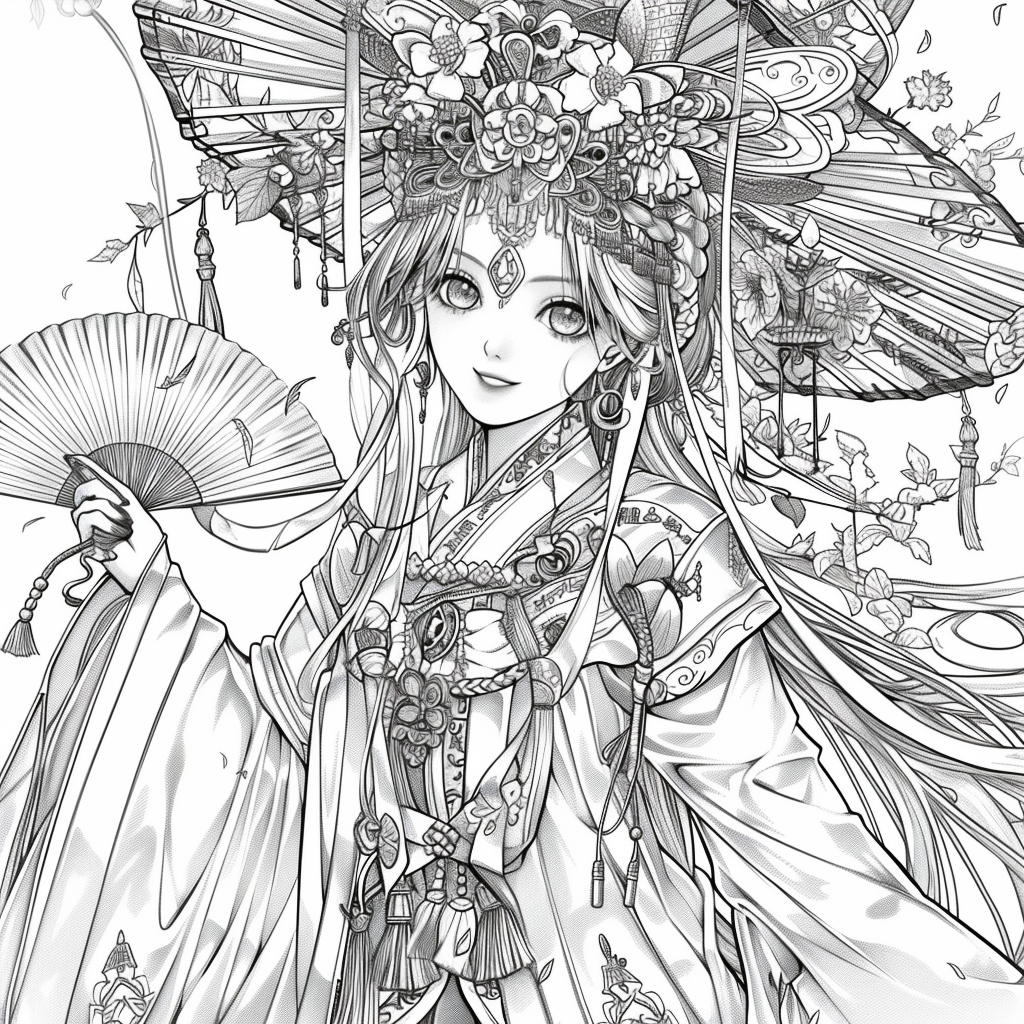 Radiant Anime Princess in Rainbow Hanbok with Festival Umbrella