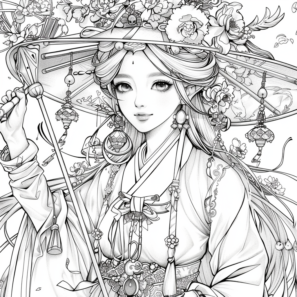 Radiant Anime Princess in Rainbow Hanbok with Festival Umbrella