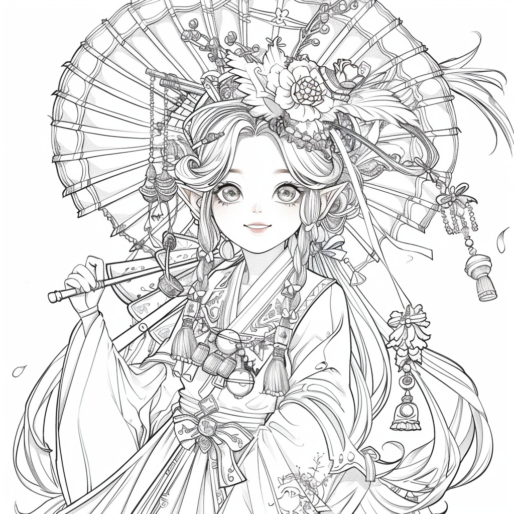 Radiant Anime Princess in Rainbow Hanbok with Festival Umbrella