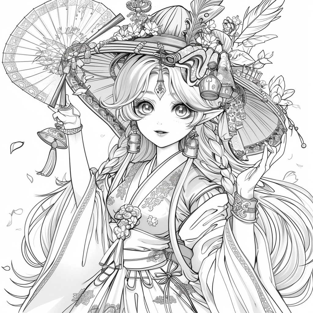 Radiant Anime Princess in Rainbow Hanbok with Festival Umbrella