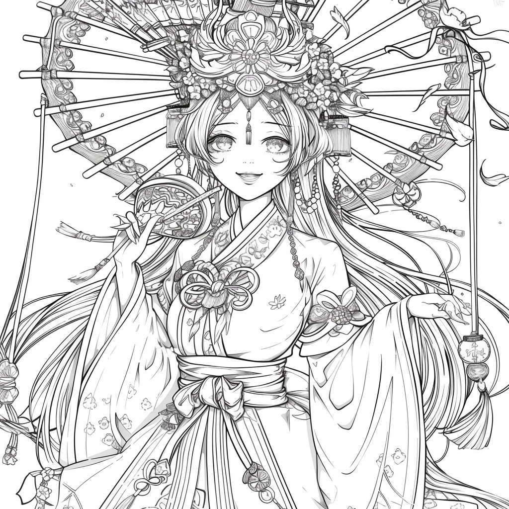 Radiant Anime Princess in Rainbow Hanbok with Festival Umbrella