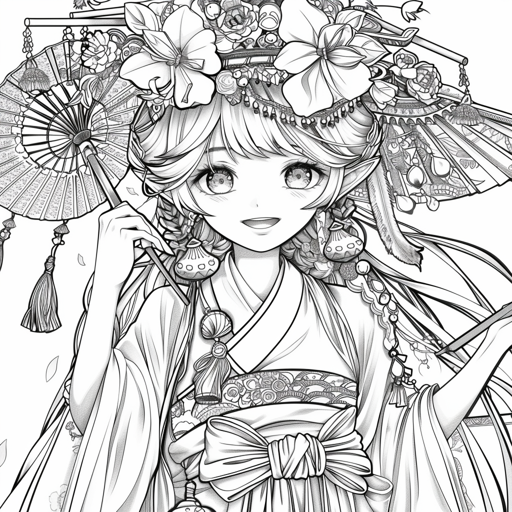 Radiant Anime Princess in Rainbow Hanbok with Festival Umbrella