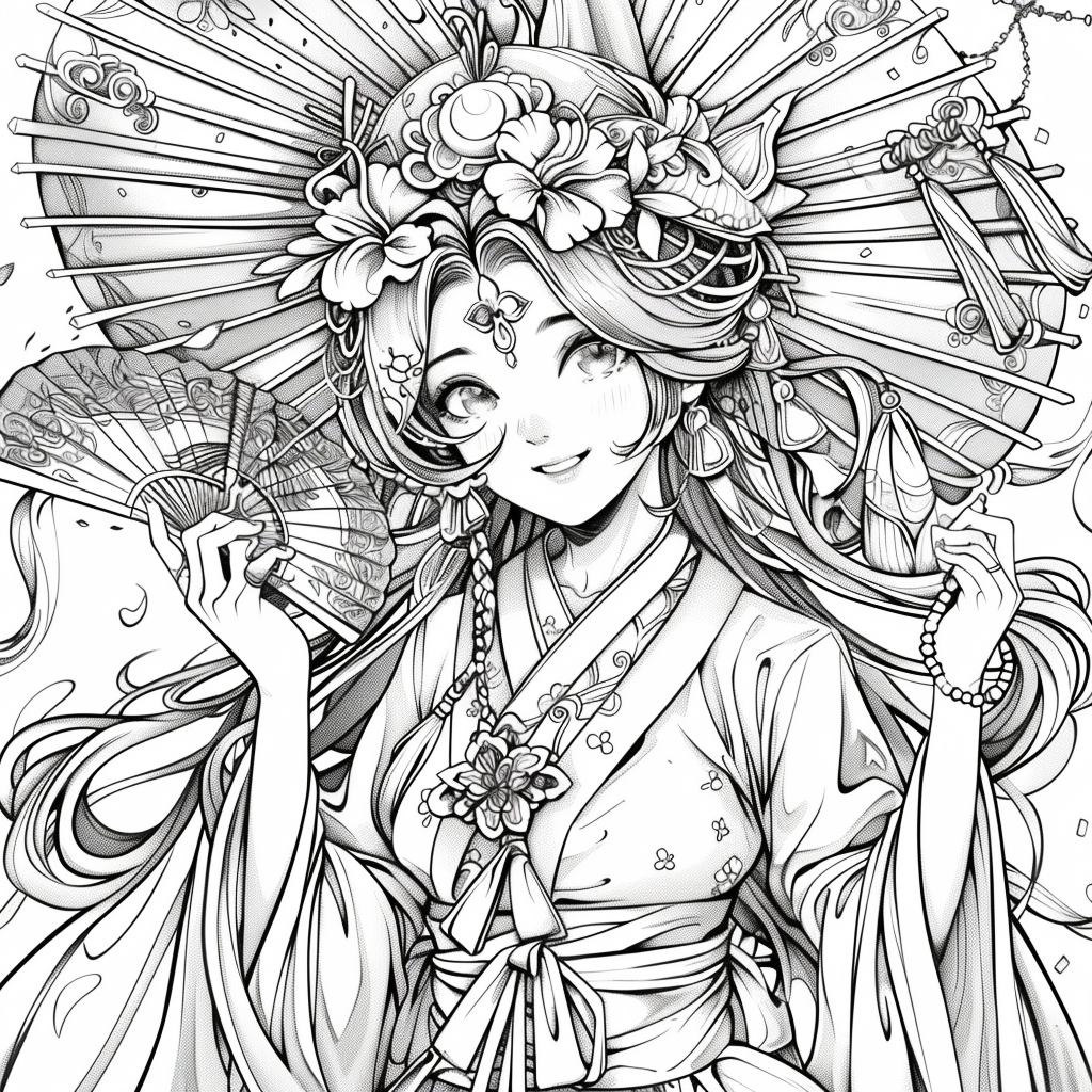 Radiant Anime Princess in Rainbow Hanbok with Festival Umbrella