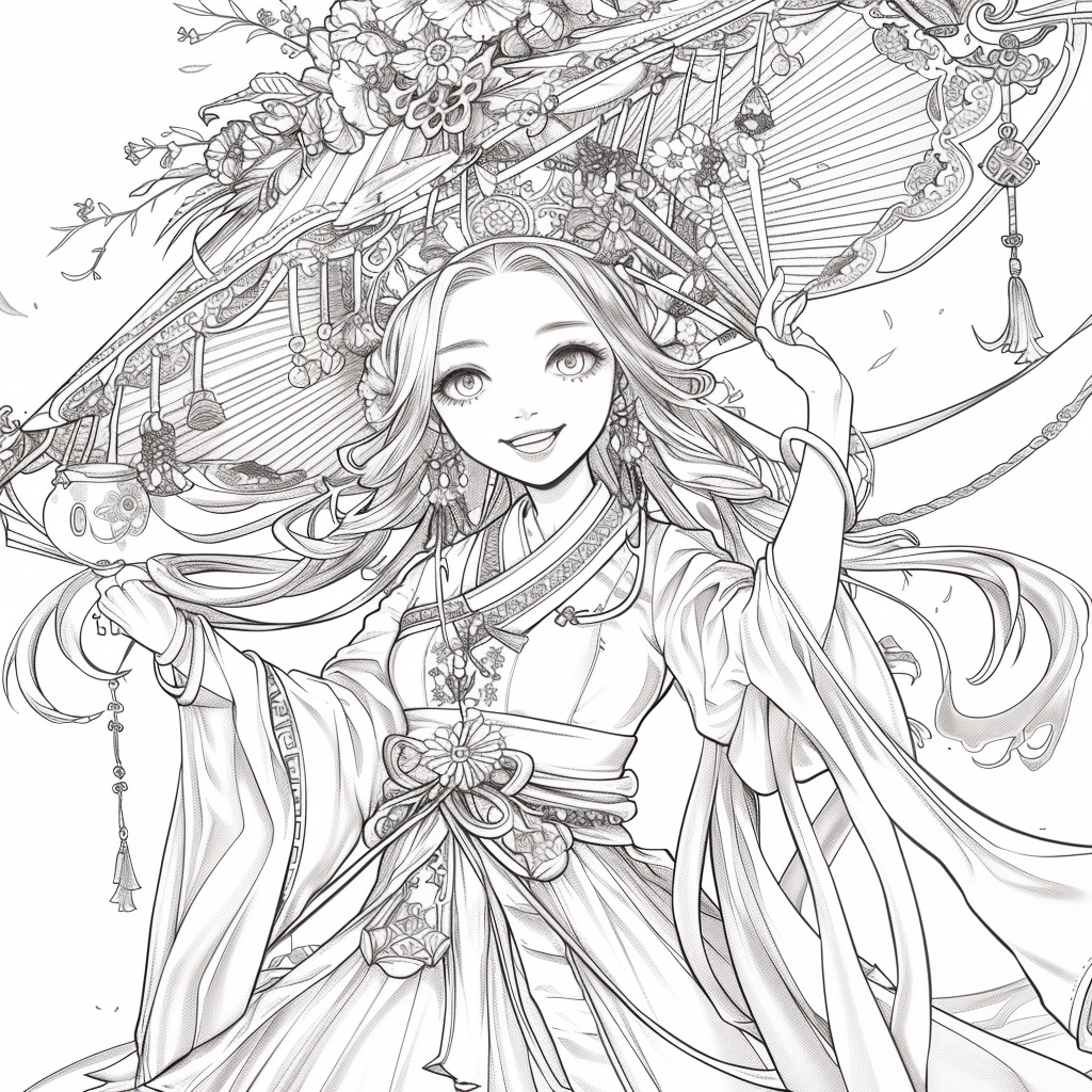 Radiant Anime Princess in Rainbow Hanbok with Festival Umbrella