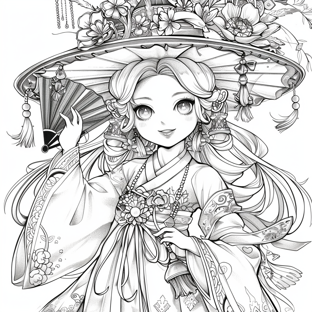 Radiant Anime Princess in Rainbow Hanbok with Festival Umbrella