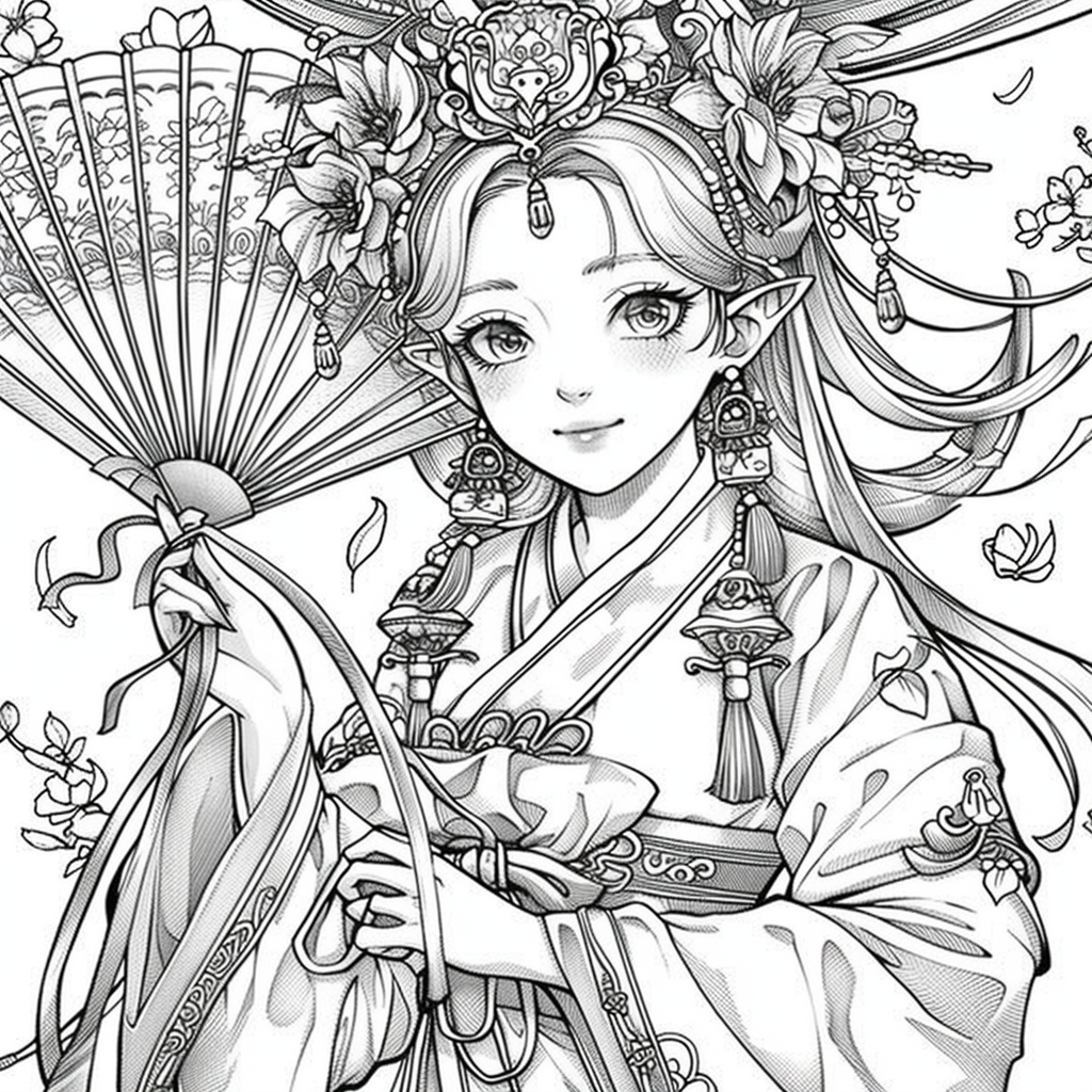 Radiant Anime Princess in Rainbow Hanbok with Festival Umbrella