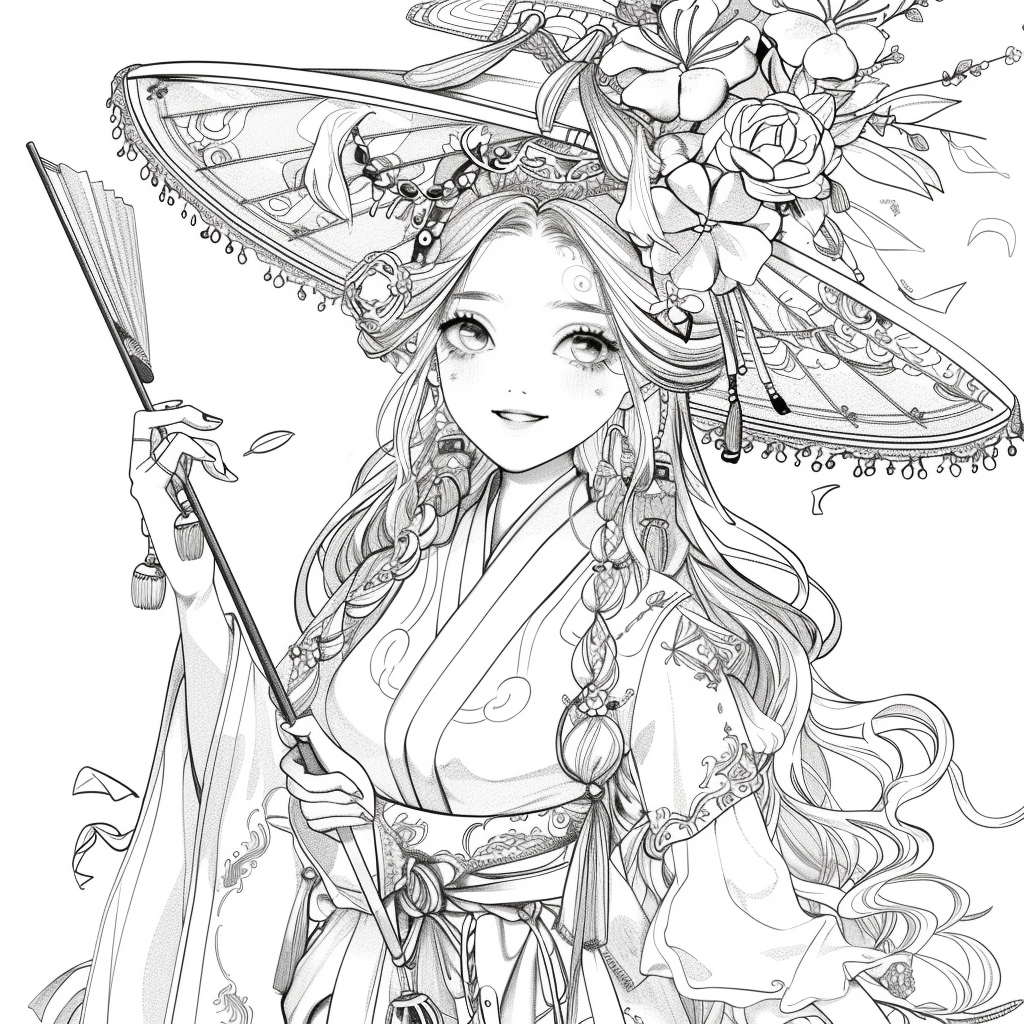Radiant Anime Princess in Rainbow Hanbok with Festival Umbrella