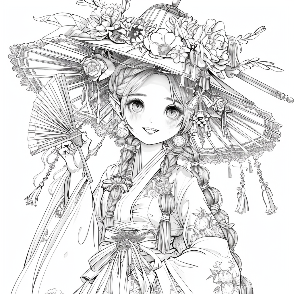 Radiant Anime Princess in Rainbow Hanbok with Festival Umbrella
