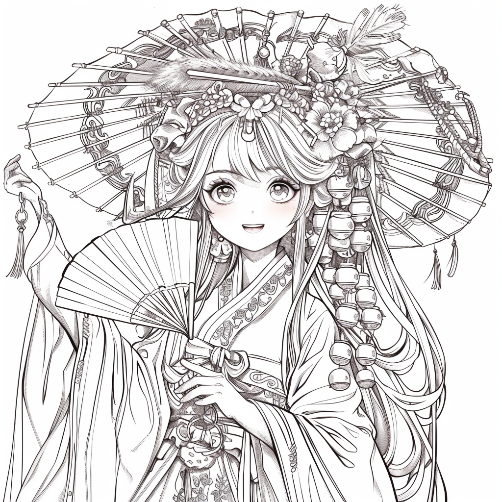 Radiant Anime Princess in Rainbow Hanbok with Festival Umbrella
