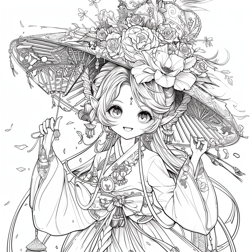 Radiant Anime Princess in Rainbow Hanbok with Festival Umbrella
