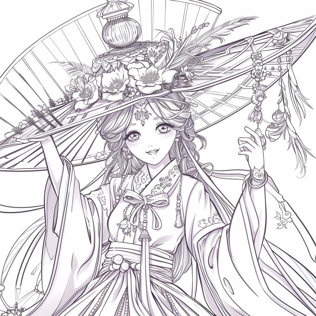 Radiant Anime Princess in Rainbow Hanbok with Festival Umbrella