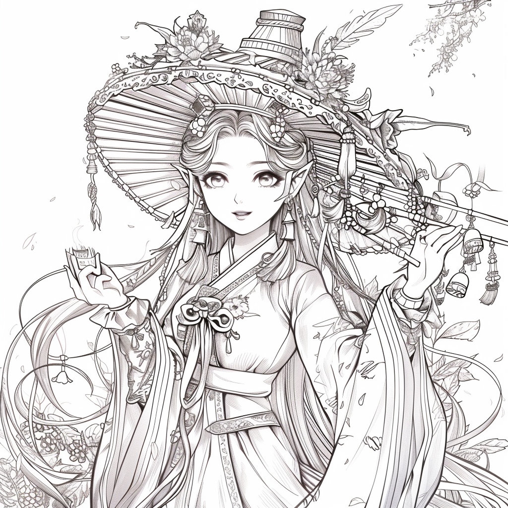 Radiant Anime Princess in Rainbow Hanbok with Festival Umbrella