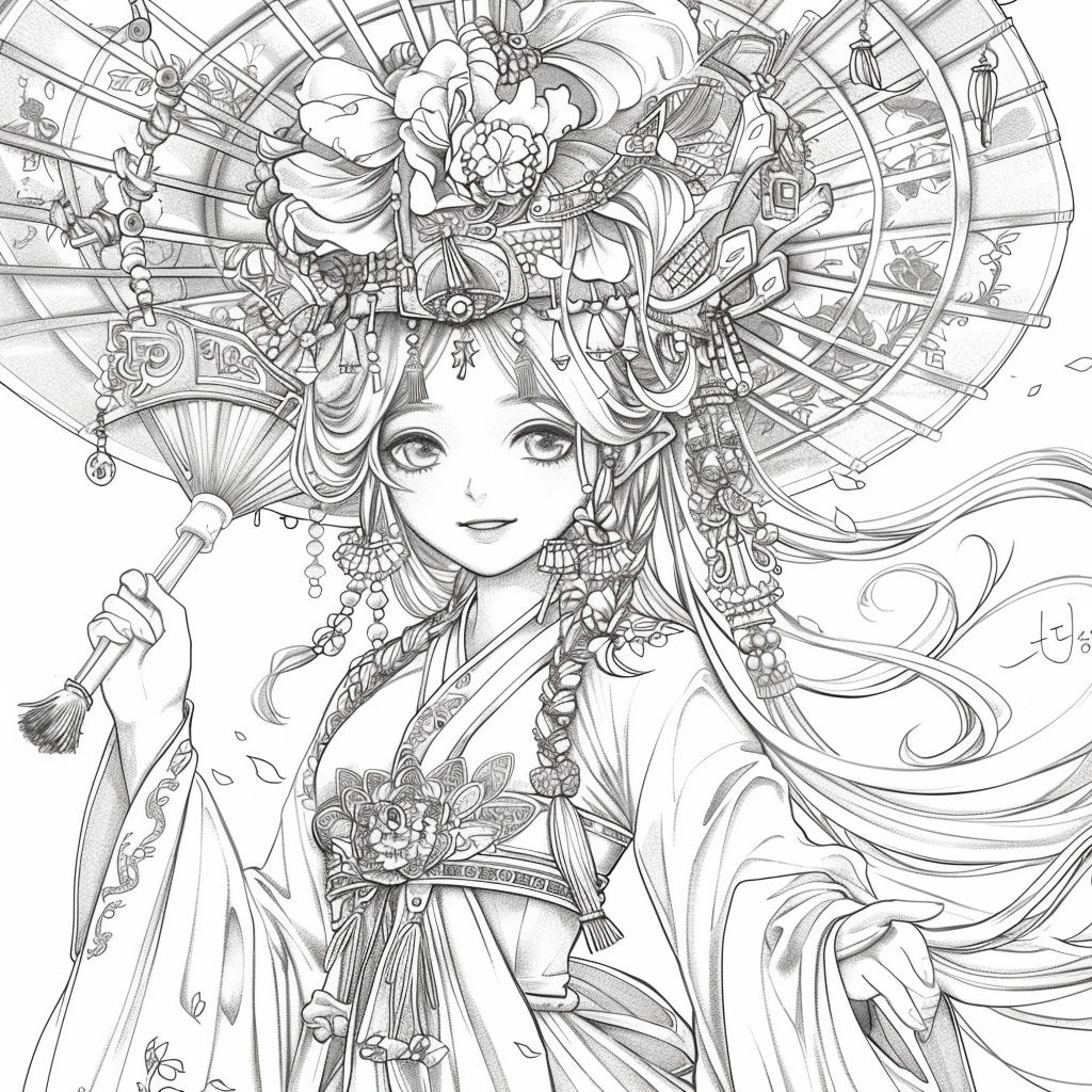 Radiant Anime Princess in Rainbow Hanbok with Festival Umbrella