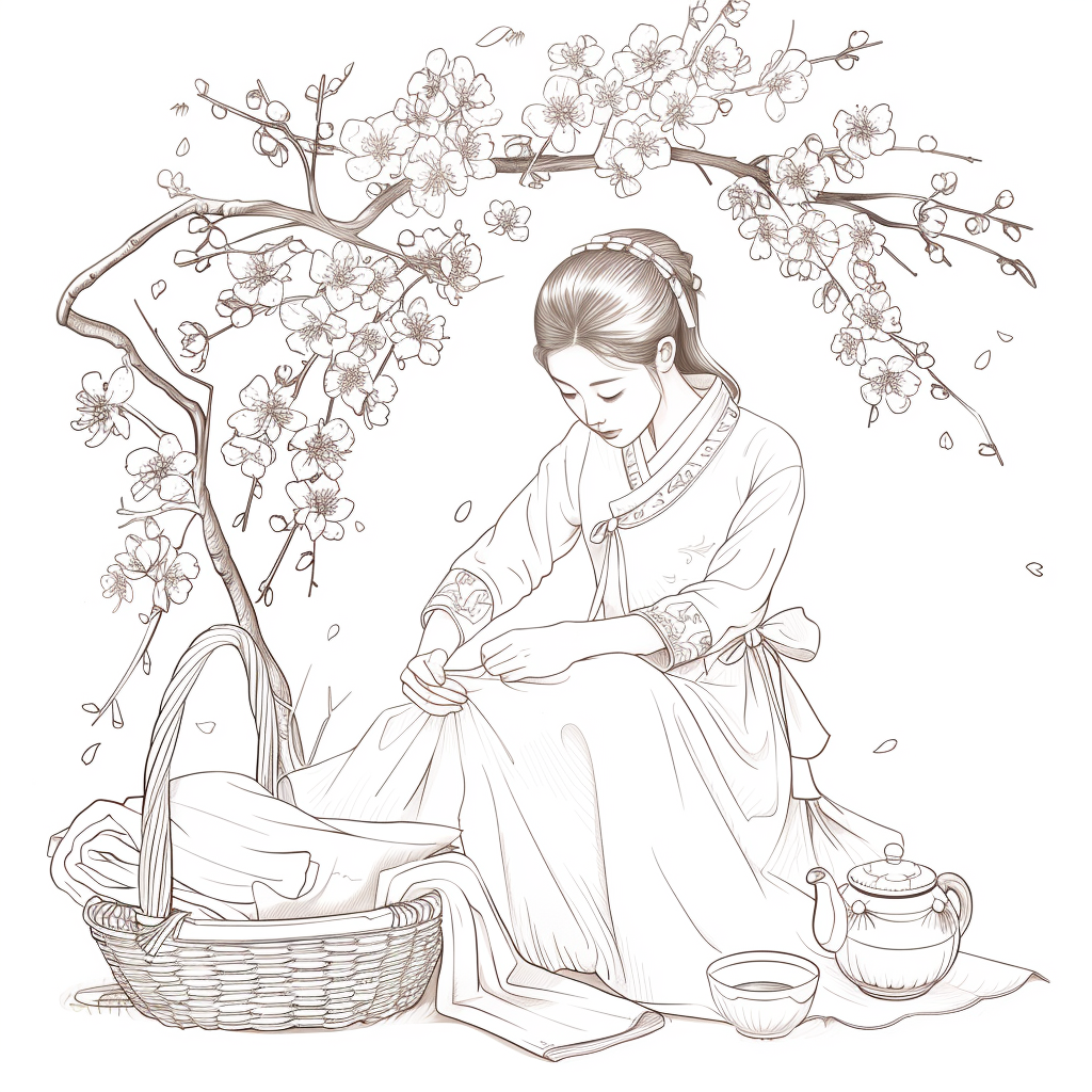 Spring Serenity: Maiden in Hanbok with Tea and Blossoms