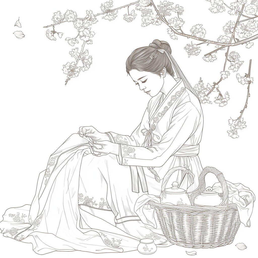 Spring Serenity: Maiden in Hanbok with Tea and Blossoms