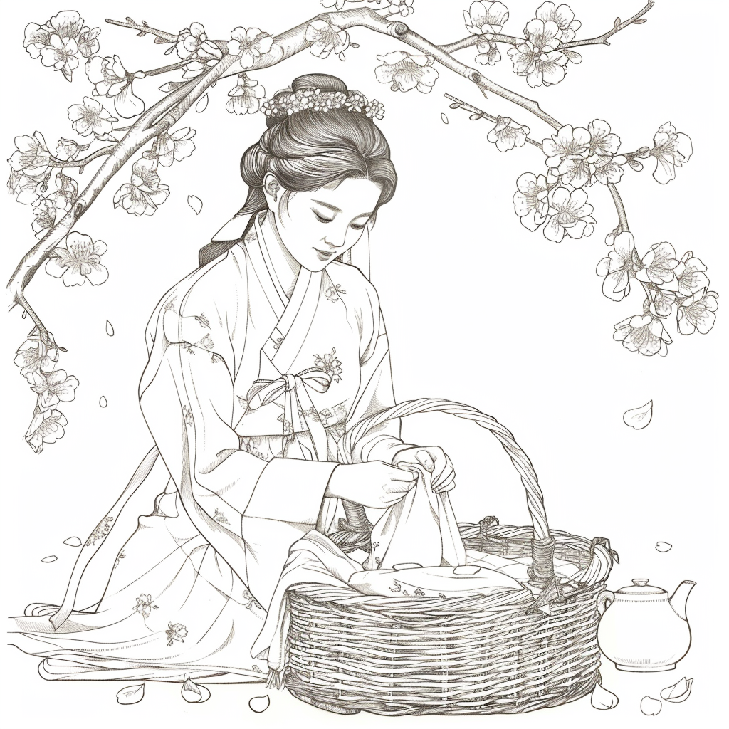 Spring Serenity: Maiden in Hanbok with Tea and Blossoms