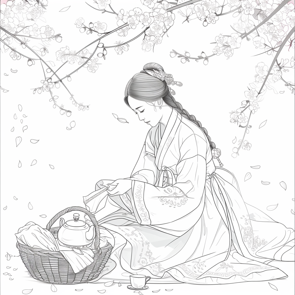 Spring Serenity: Maiden in Hanbok with Tea and Blossoms