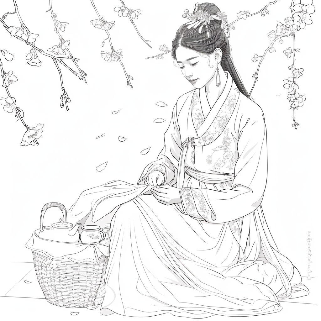 Spring Serenity: Maiden in Hanbok with Tea and Blossoms