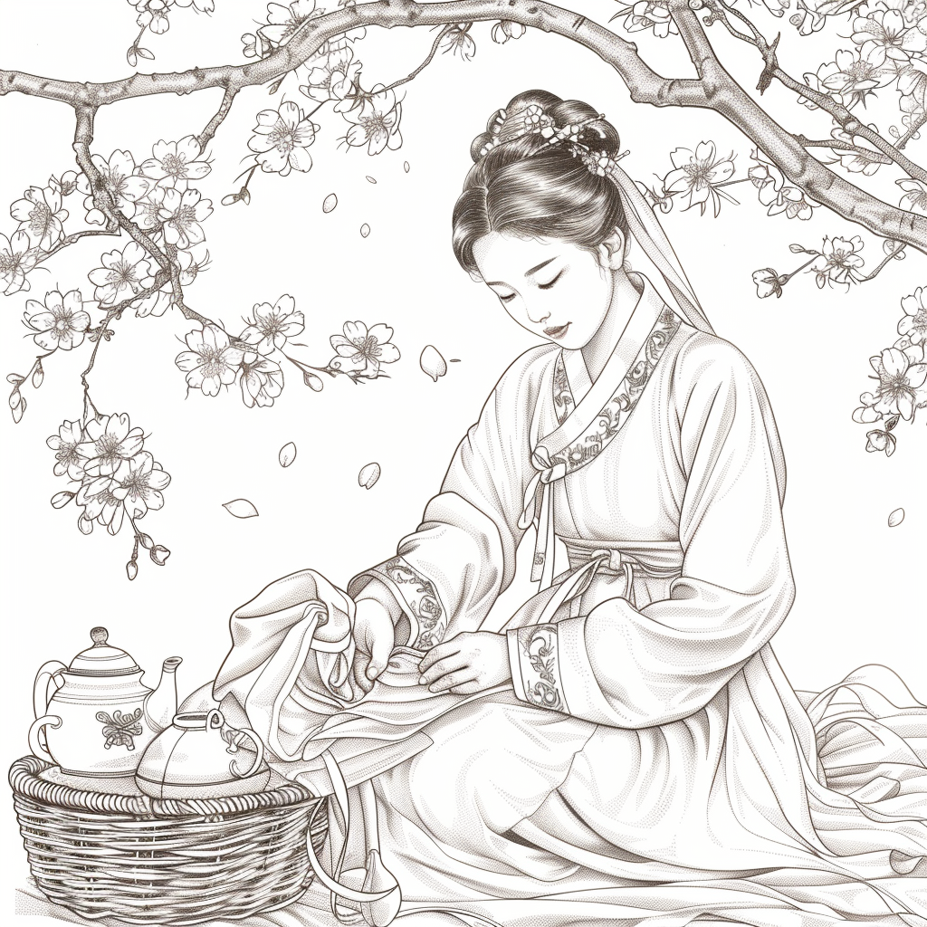 Spring Serenity: Maiden in Hanbok with Tea and Blossoms
