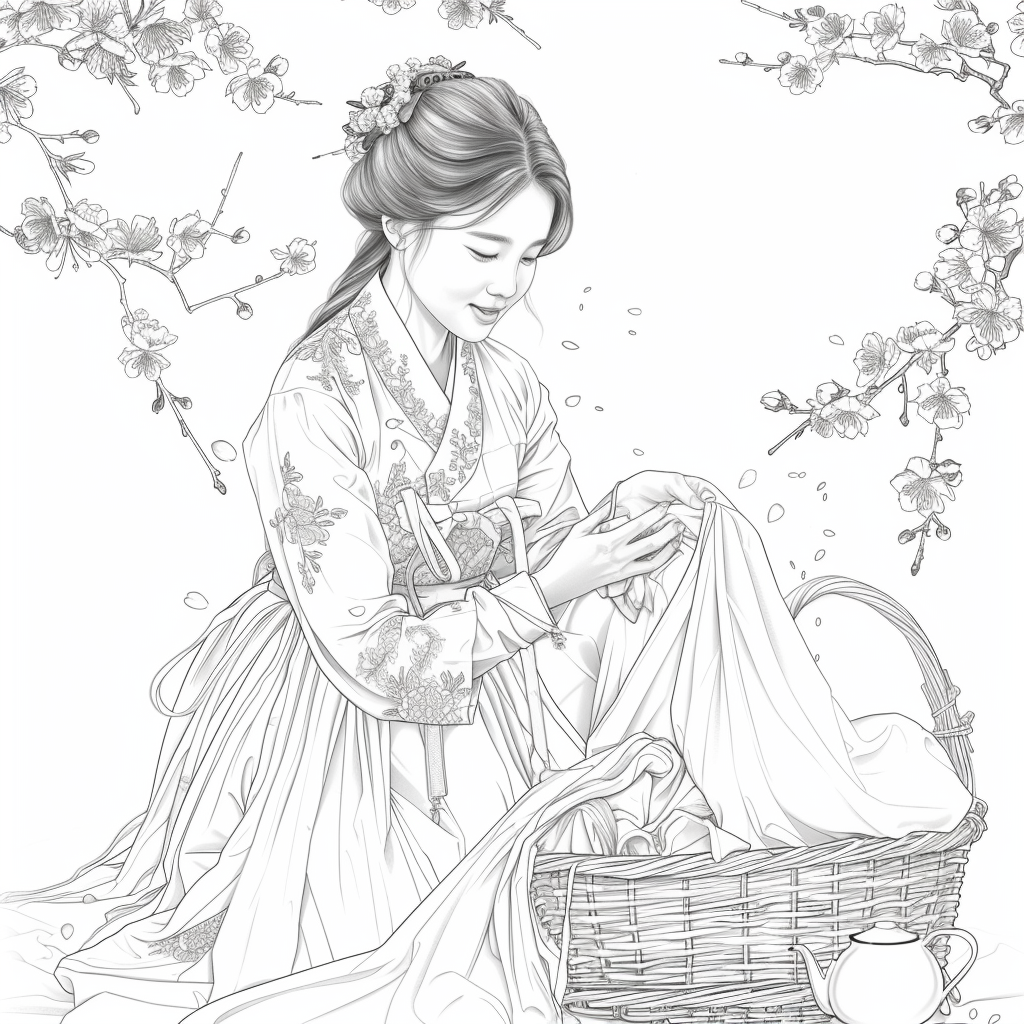 Spring Serenity: Maiden in Hanbok with Tea and Blossoms