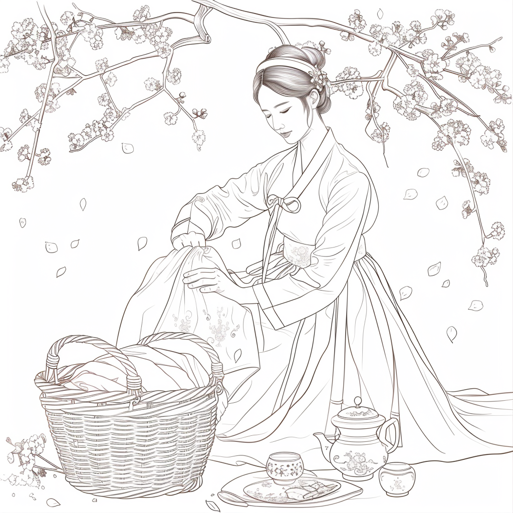 Spring Serenity: Maiden in Hanbok with Tea and Blossoms