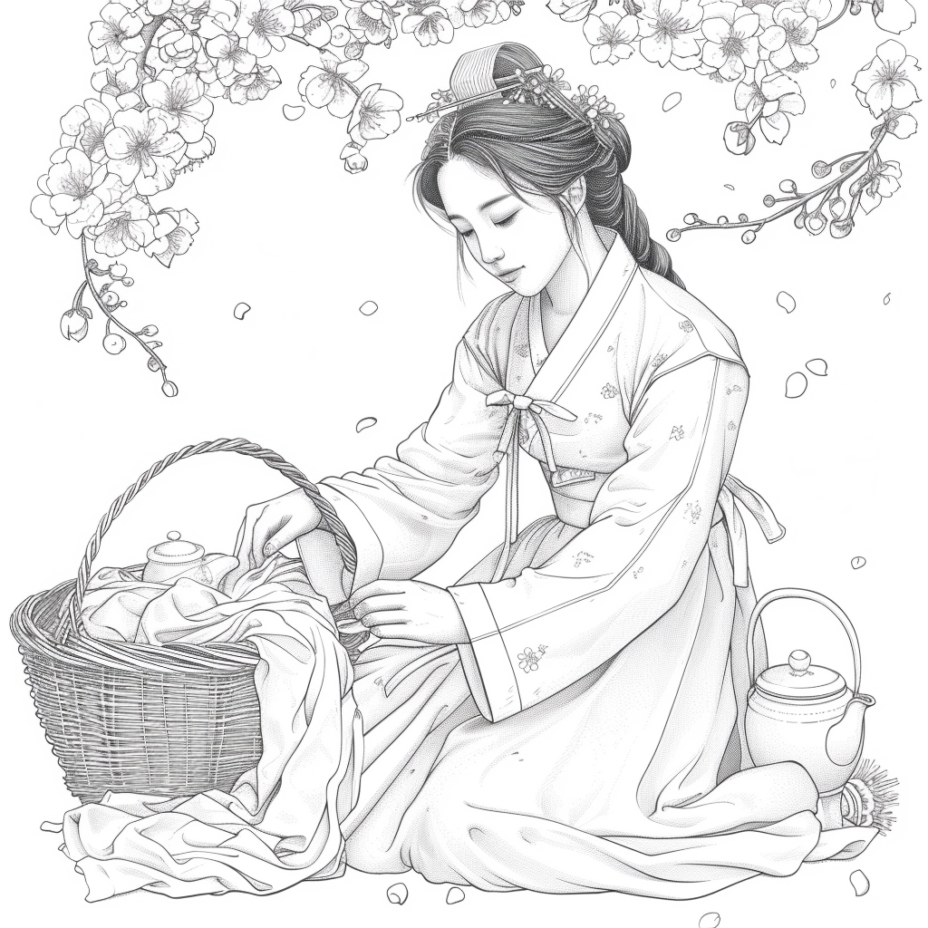 Spring Serenity: Maiden in Hanbok with Tea and Blossoms