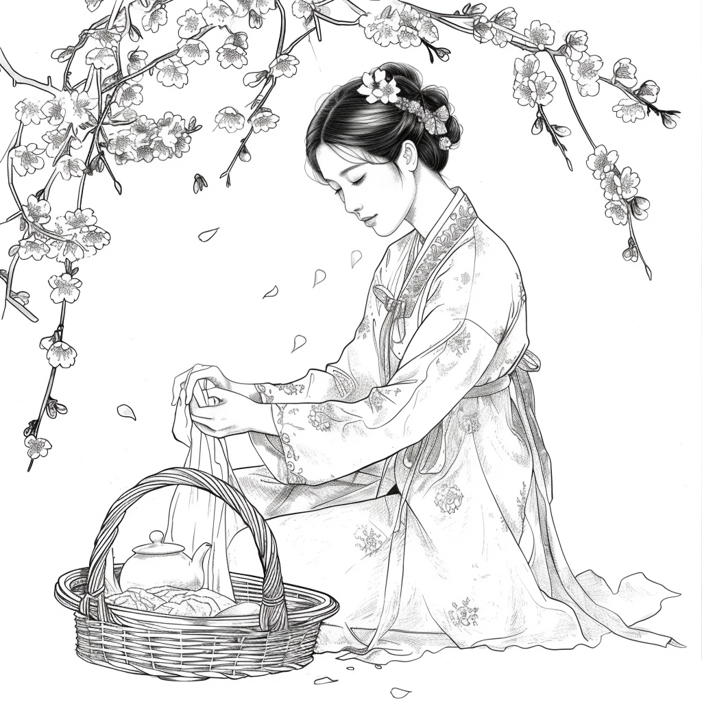 Spring Serenity: Maiden in Hanbok with Tea and Blossoms
