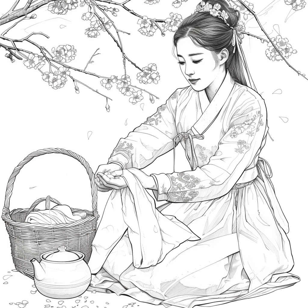 Spring Serenity: Maiden in Hanbok with Tea and Blossoms