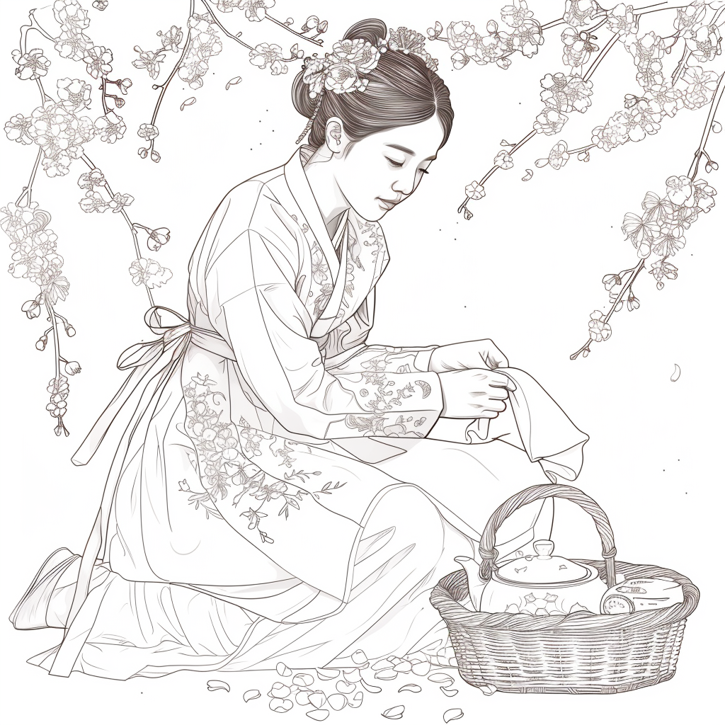 Spring Serenity: Maiden in Hanbok with Tea and Blossoms