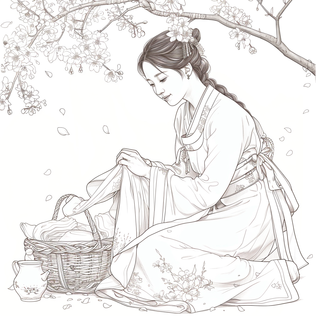 Spring Serenity: Maiden in Hanbok with Tea and Blossoms