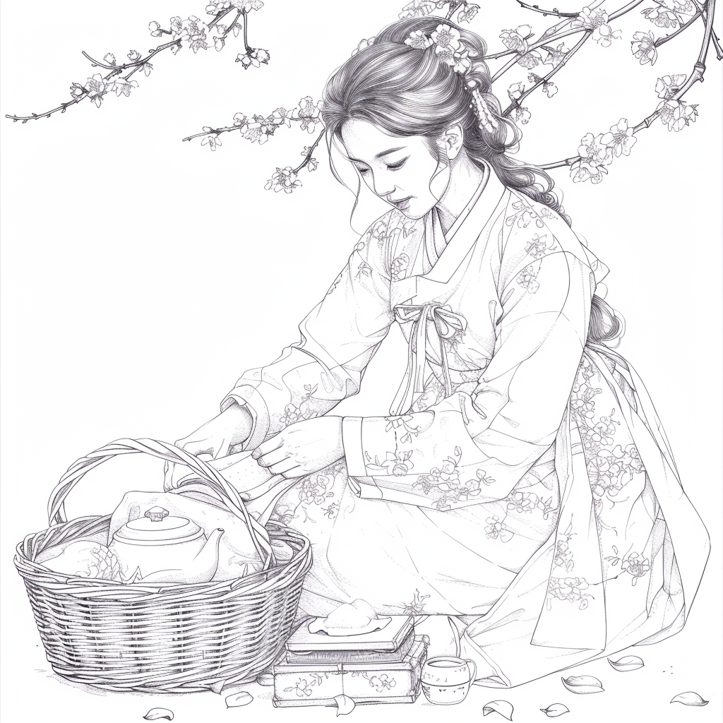 Spring Serenity: Maiden in Hanbok with Tea and Blossoms