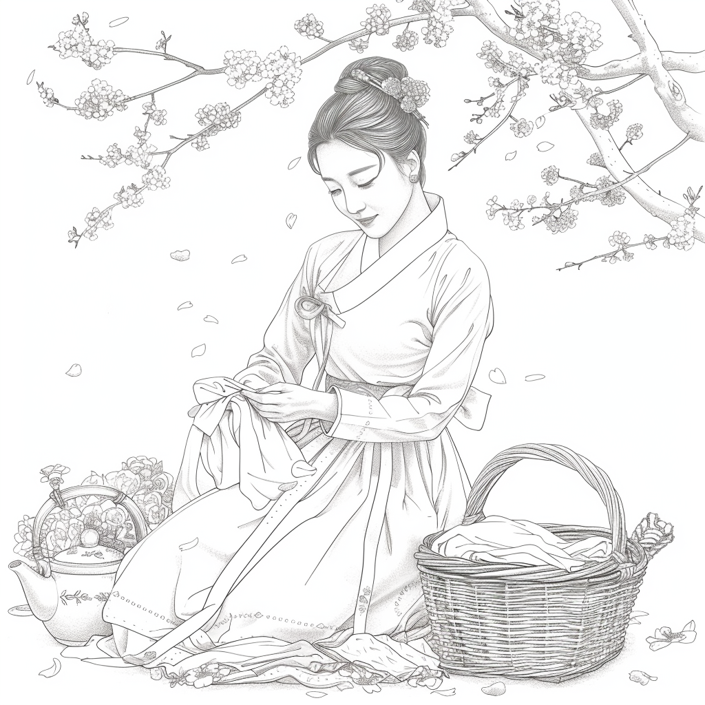 Spring Serenity: Maiden in Hanbok with Tea and Blossoms