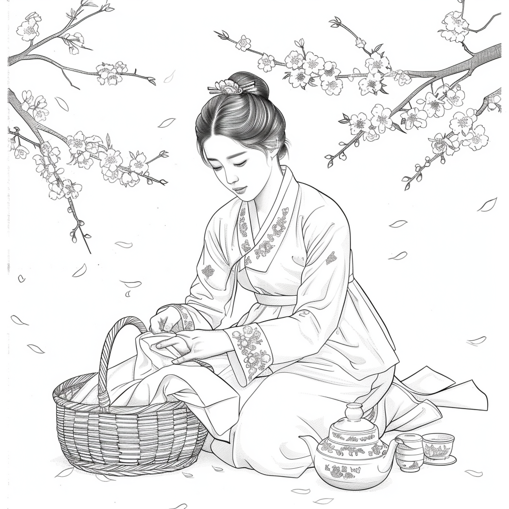 Spring Serenity: Maiden in Hanbok with Tea and Blossoms