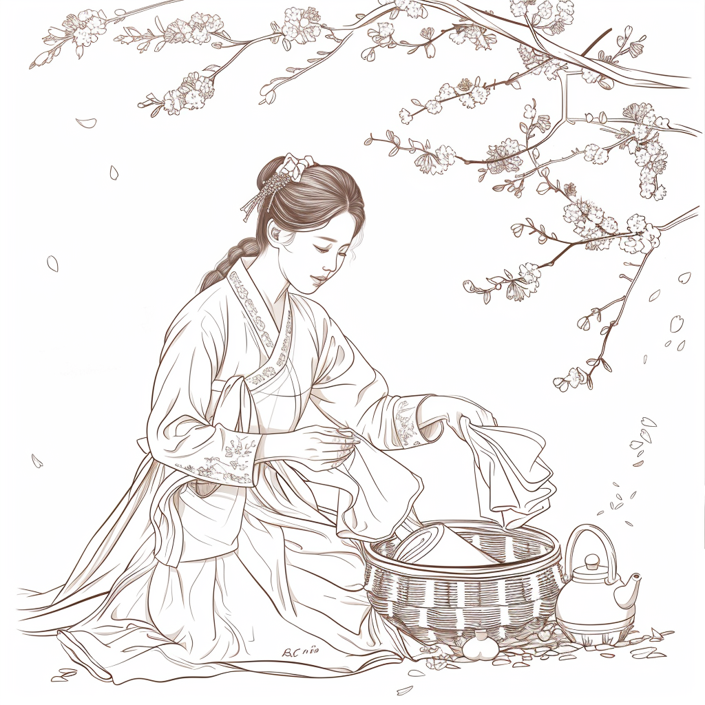 Spring Serenity: Maiden in Hanbok with Tea and Blossoms