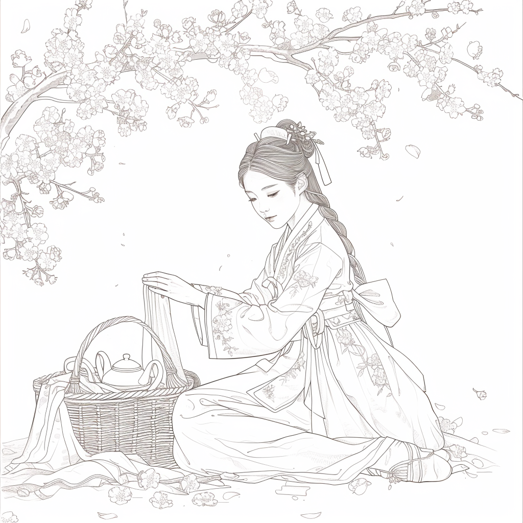 Spring Serenity: Maiden in Hanbok with Tea and Blossoms
